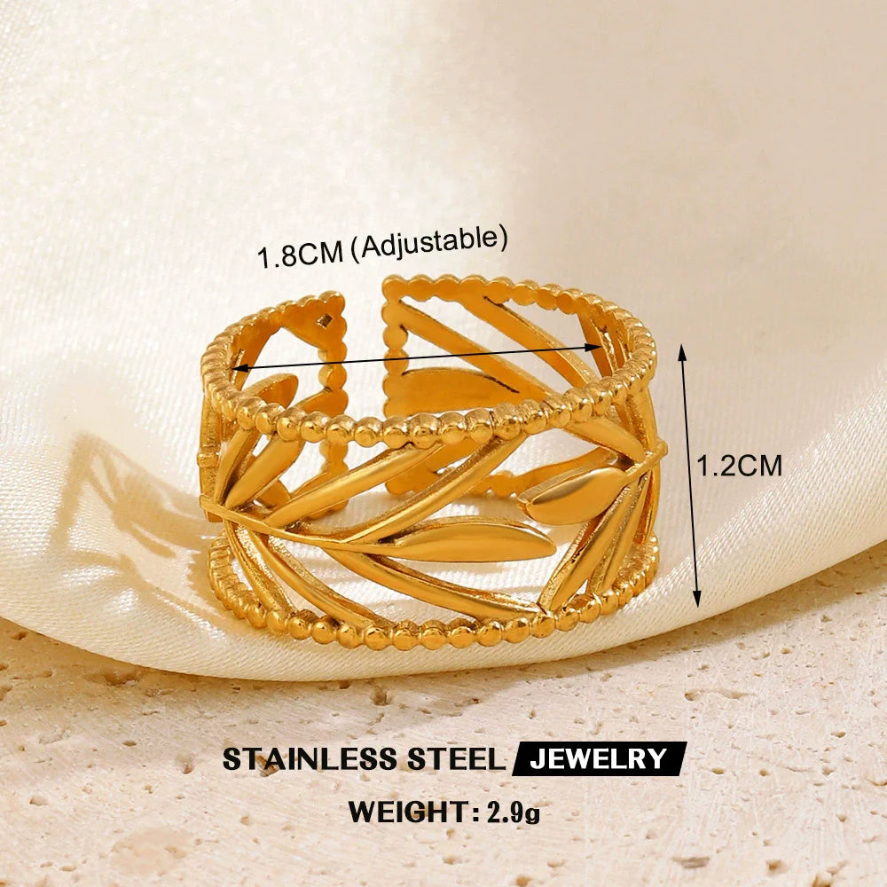 EILIECK 316L Stainless Steel Gold Color Leaves Heart Ring for Women Fashion Statement Waterproof Finger Ring Jewelry Accessories