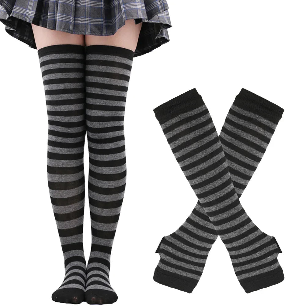 Women Striped Stocking Arm Sleeve Gloves mittens