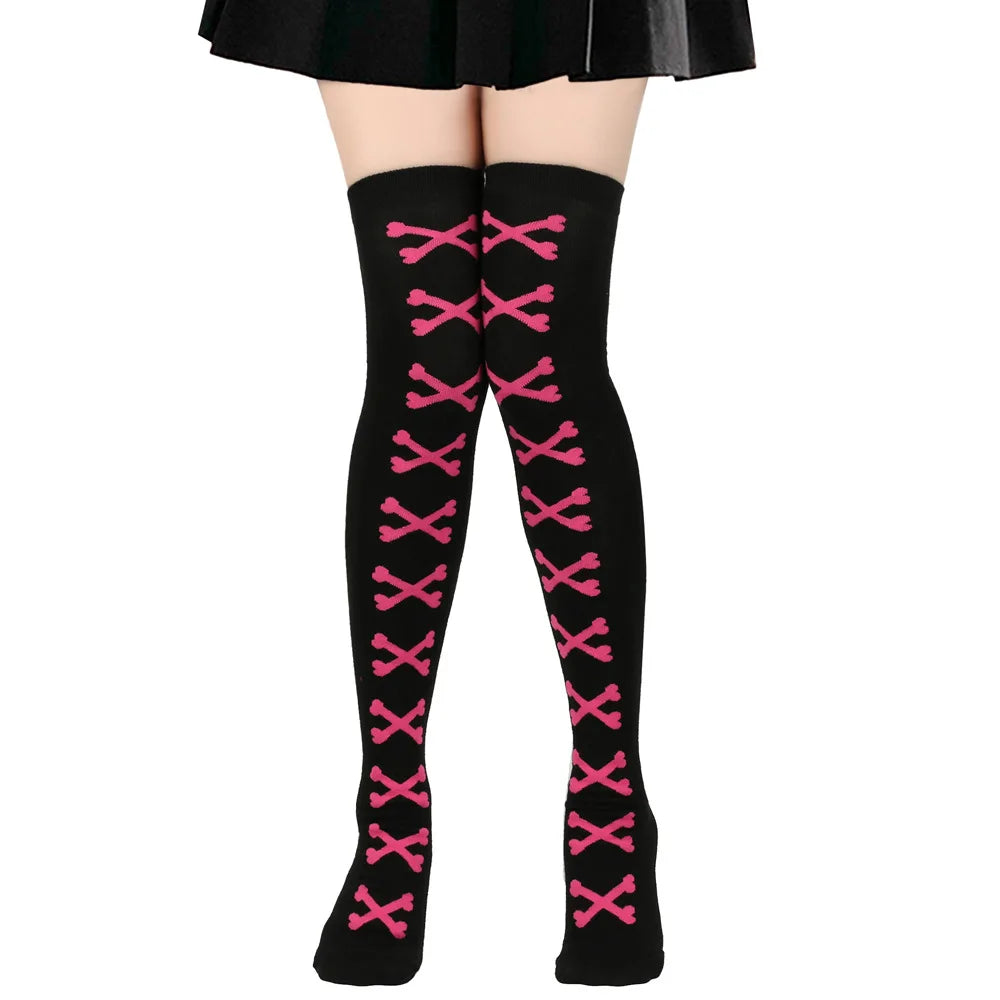 Womens Bone Thigh High Stockings Ladies Halloween Girls Black White Pink Long Over Above Knee Socks Tall Funny Cosplay Harajuku