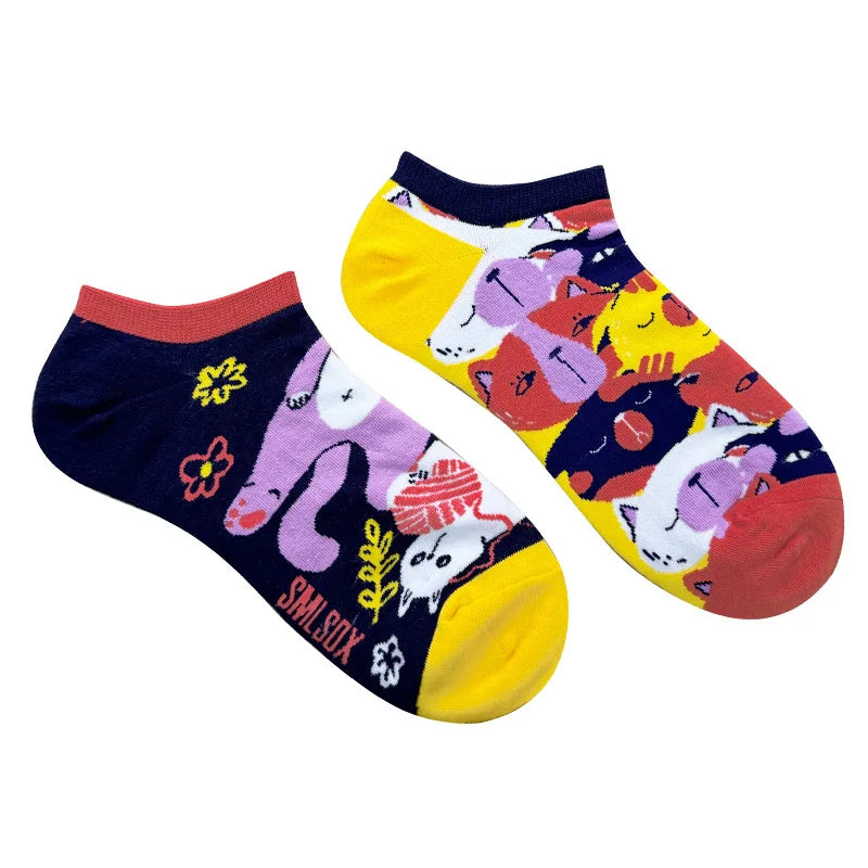 Colorful Short Socks Women Men Cotton Novelty Animals Plants Sunflower
