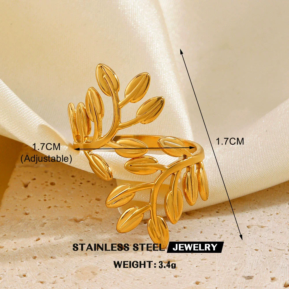 EILIECK 316L Stainless Steel Gold Color Leaves Heart Ring for Women Fashion Statement Waterproof Finger Ring Jewelry Accessories
