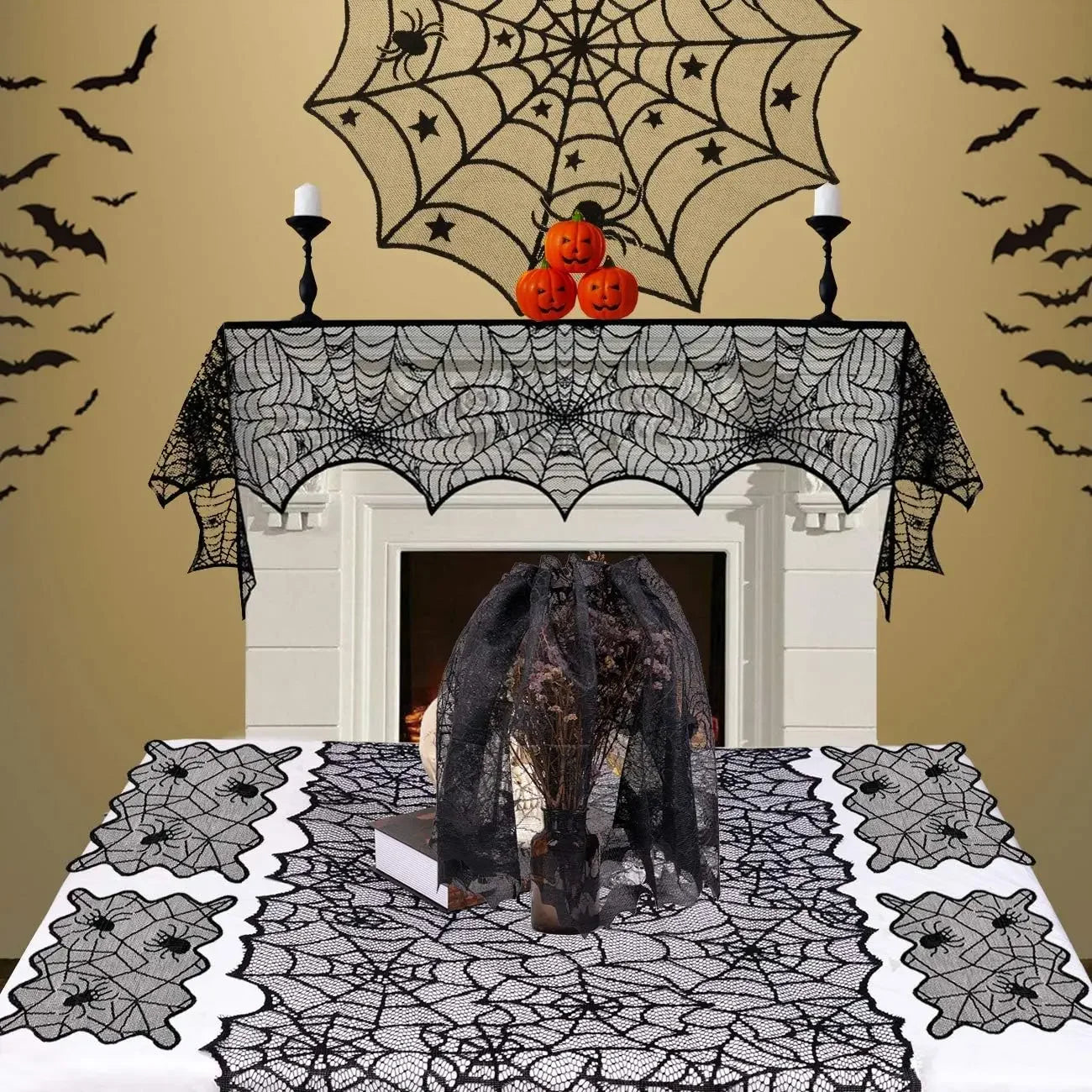 Halloween Tablecloth Bat Spider Web Black Lace Tablecloth