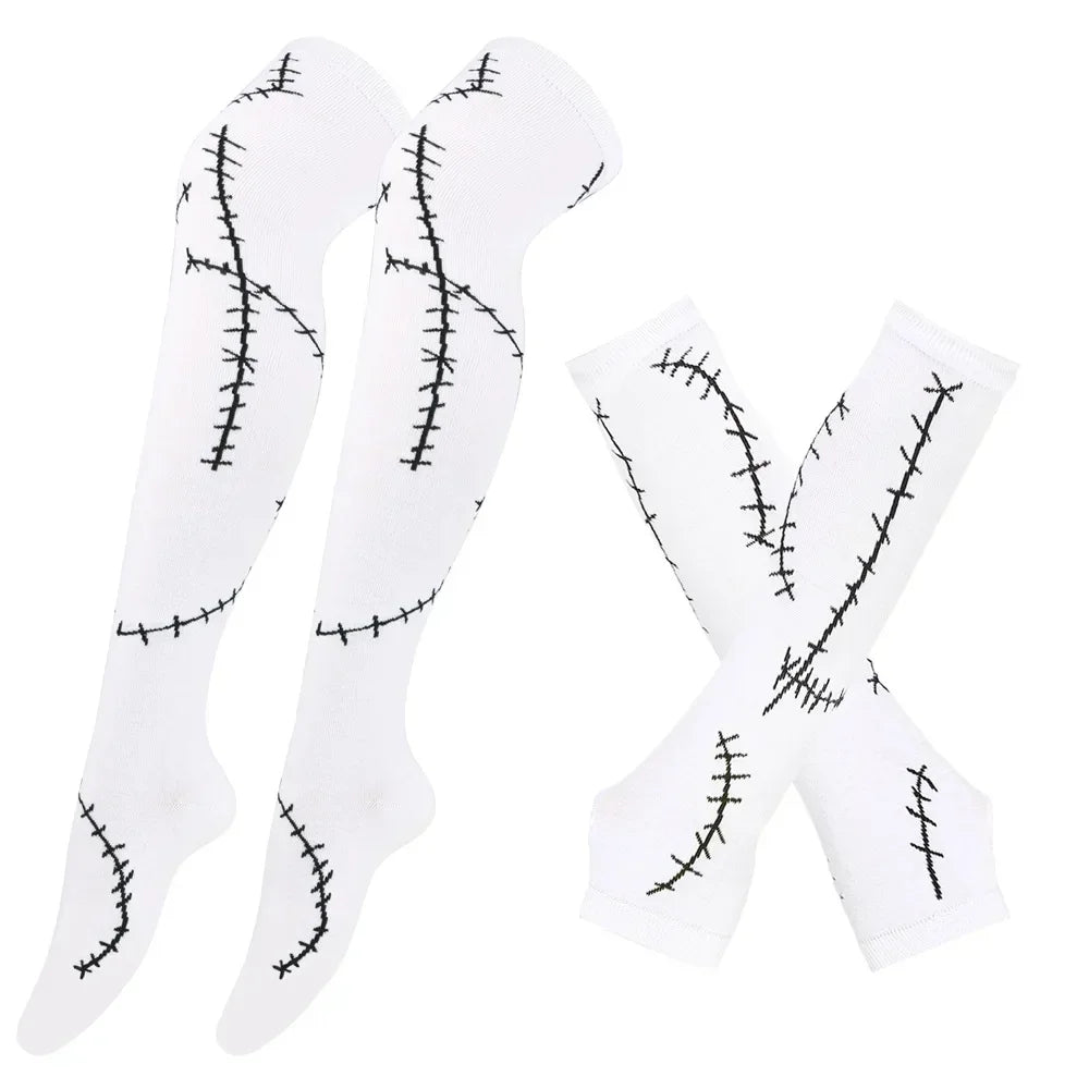 Women Striped Stocking Arm Sleeve Gloves mittens