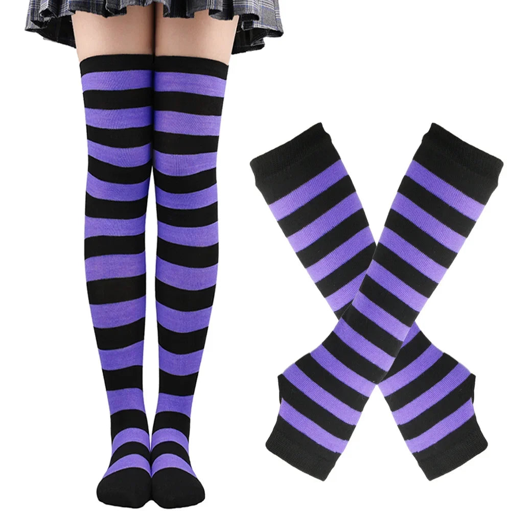 Women Striped Stocking Arm Sleeve Gloves mittens