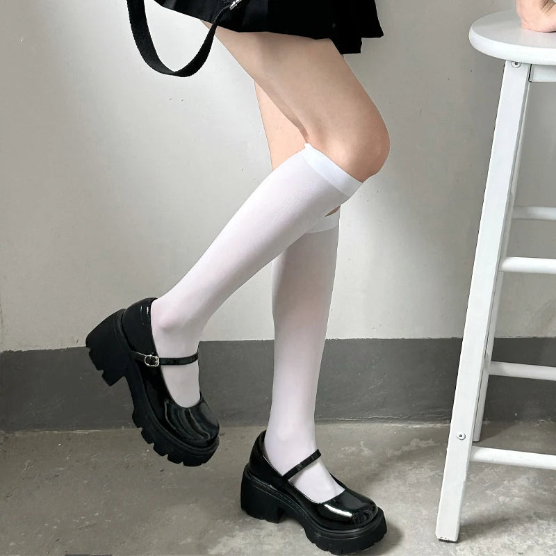 Solid Color Black White Long Socks Women Stockings JK Girls