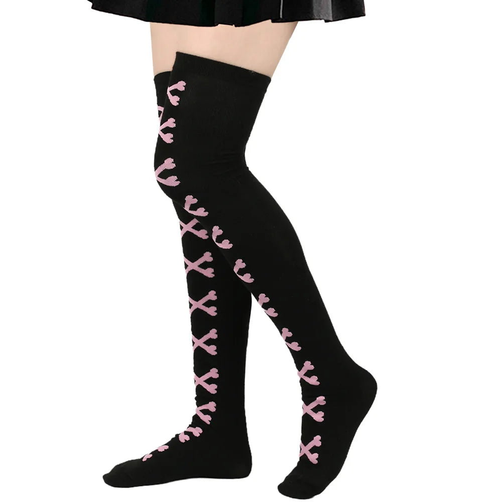 Womens Bone Thigh High Stockings Ladies Halloween Girls Black White Pink Long Over Above Knee Socks Tall Funny Cosplay Harajuku