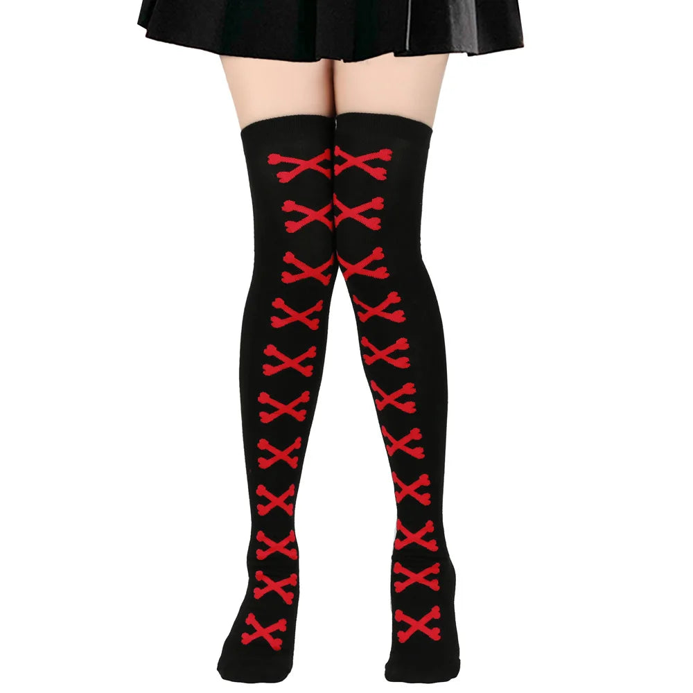 Womens Bone Thigh High Stockings Ladies Halloween Girls Black White Pink Long Over Above Knee Socks Tall Funny Cosplay Harajuku