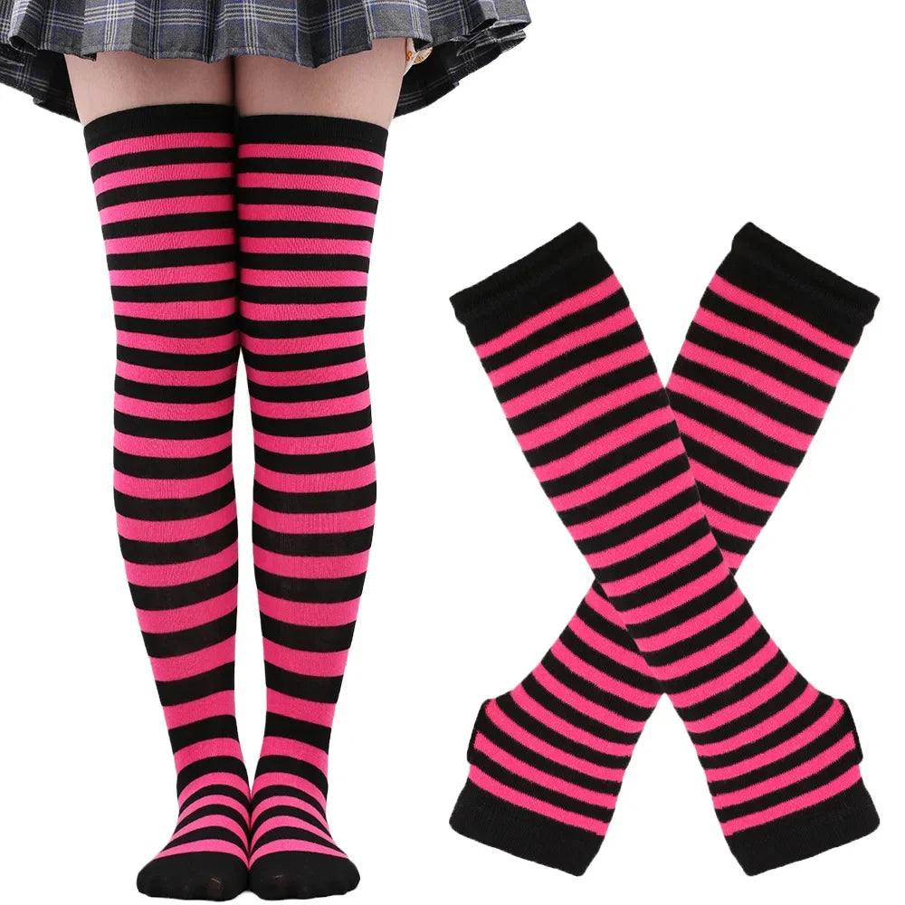 Women Striped Stocking Arm Sleeve Gloves mittens