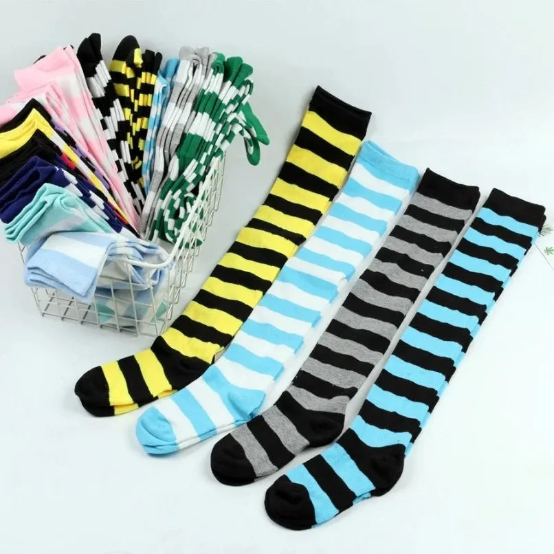 Thigh High Stockings Womens Striped Ladies Girls Black White pink Long Over Above Knee