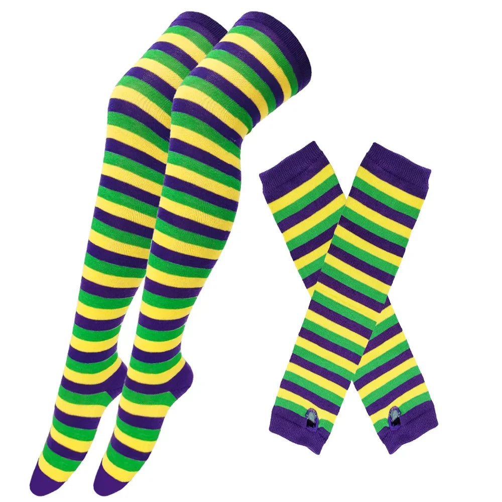 Women Striped Stocking Arm Sleeve Gloves mittens