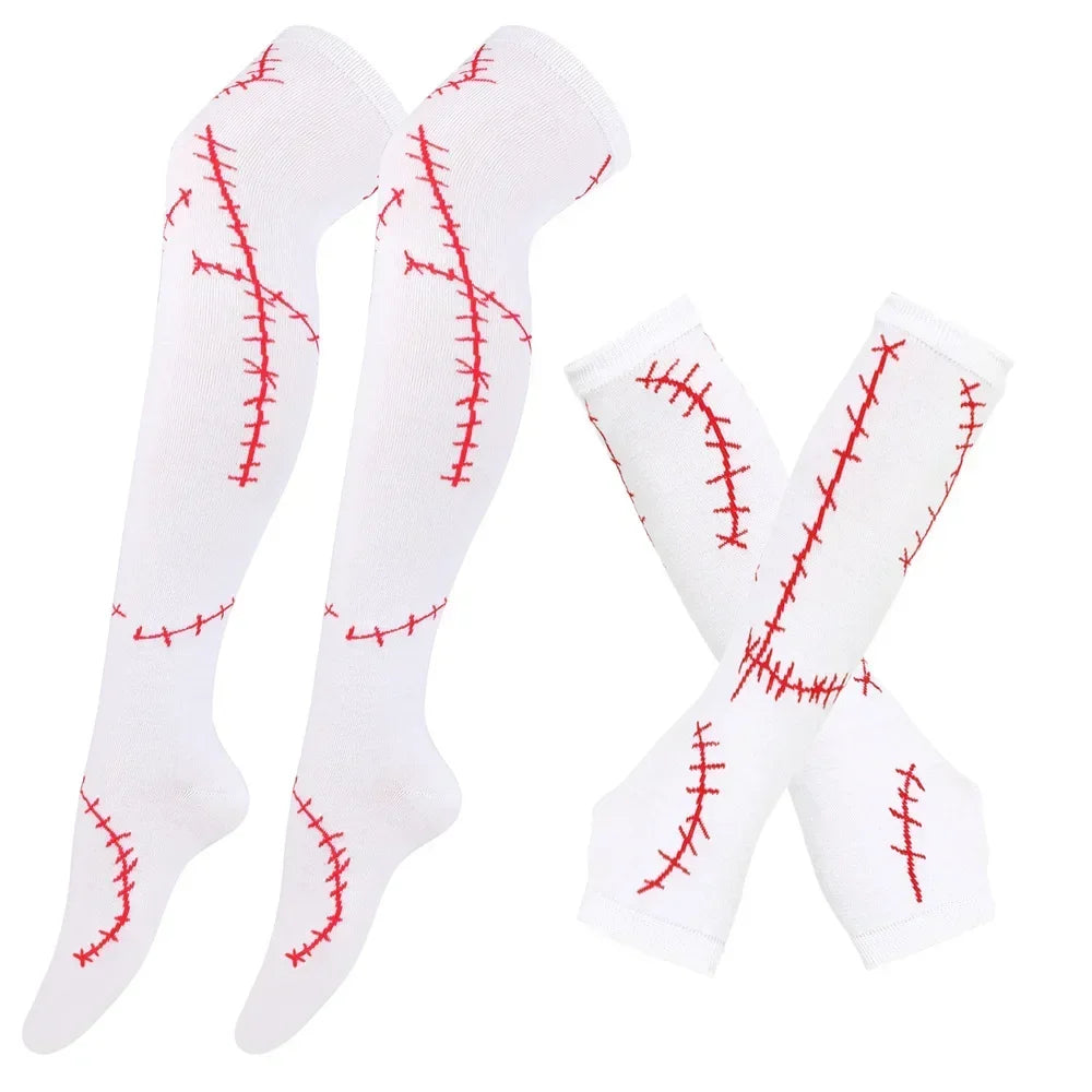 Women Striped Stocking Arm Sleeve Gloves mittens