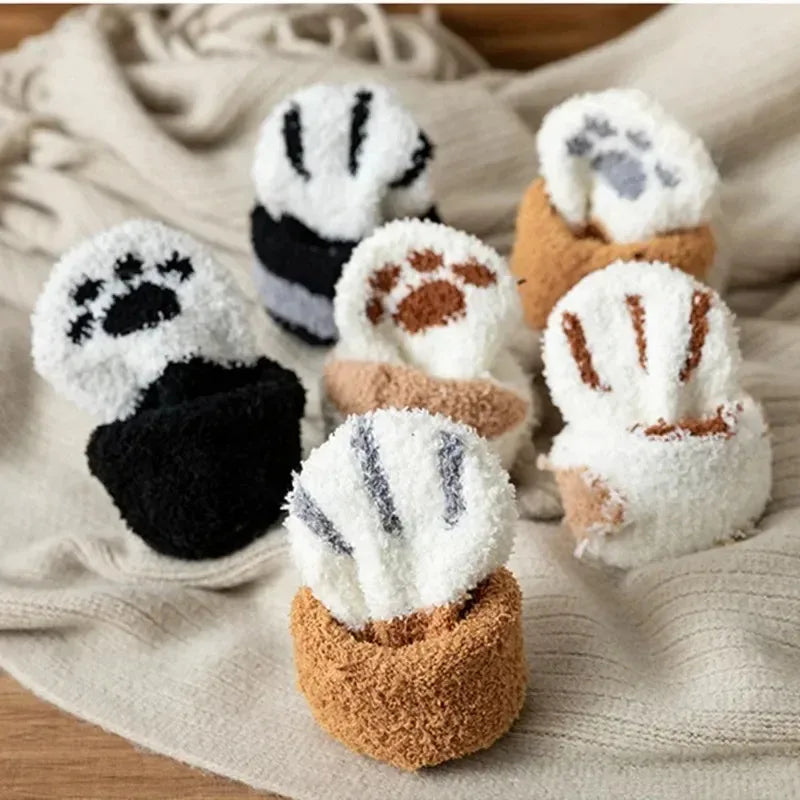 3 Pairs Womens Cats Paw Stripe 3d Socks