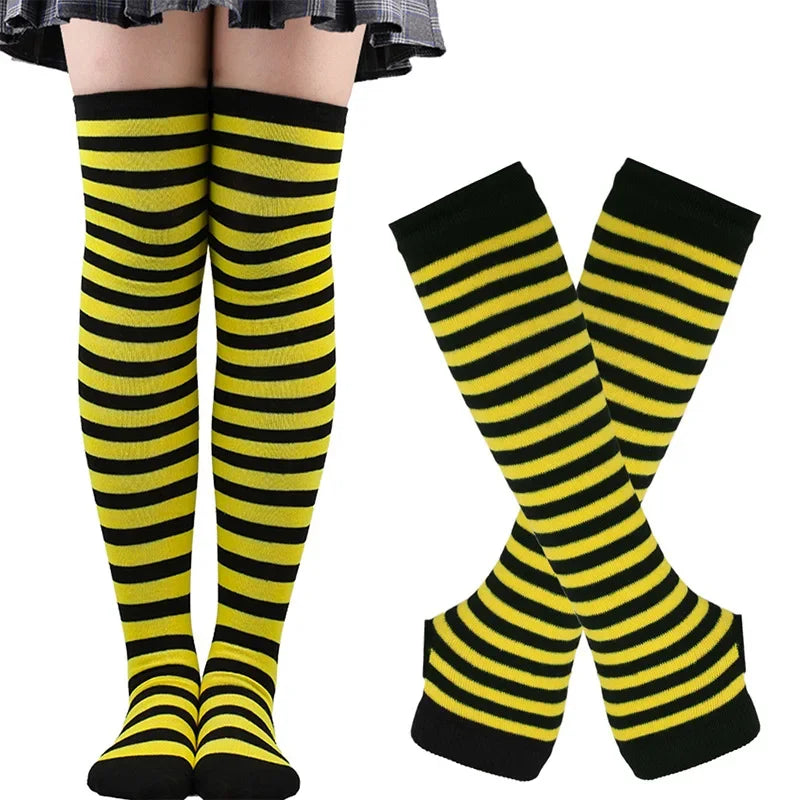 Women Striped Stocking Arm Sleeve Gloves mittens