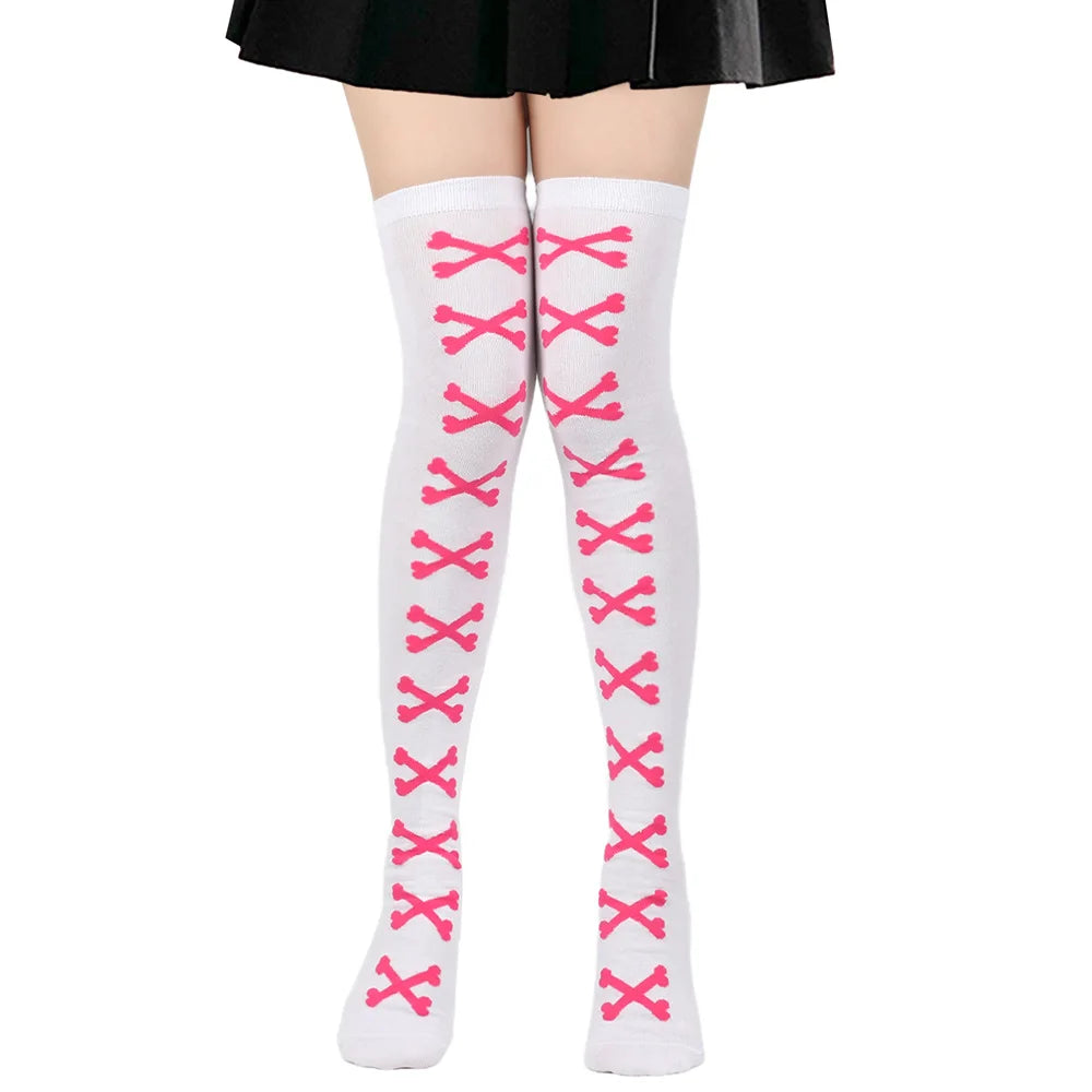 Womens Bone Thigh High Stockings Ladies Halloween Girls Black White Pink Long Over Above Knee Socks Tall Funny Cosplay Harajuku