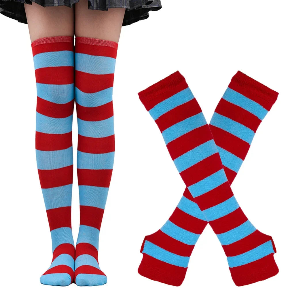 Women Striped Stocking Arm Sleeve Gloves mittens