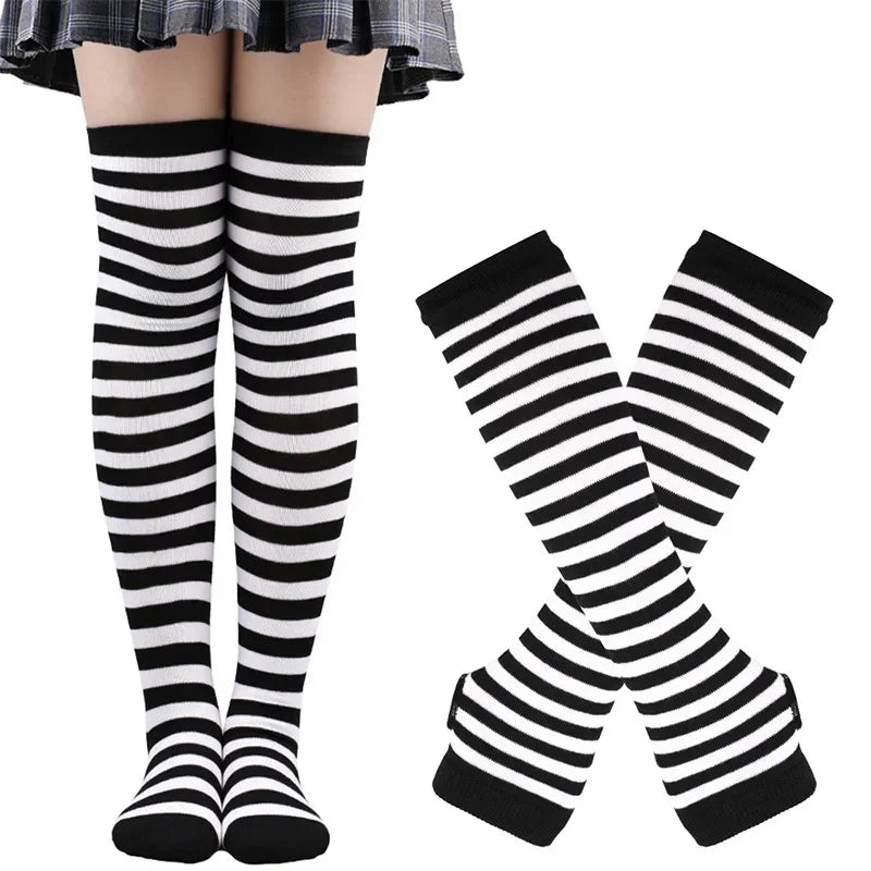 Women Striped Stocking Arm Sleeve Gloves mittens