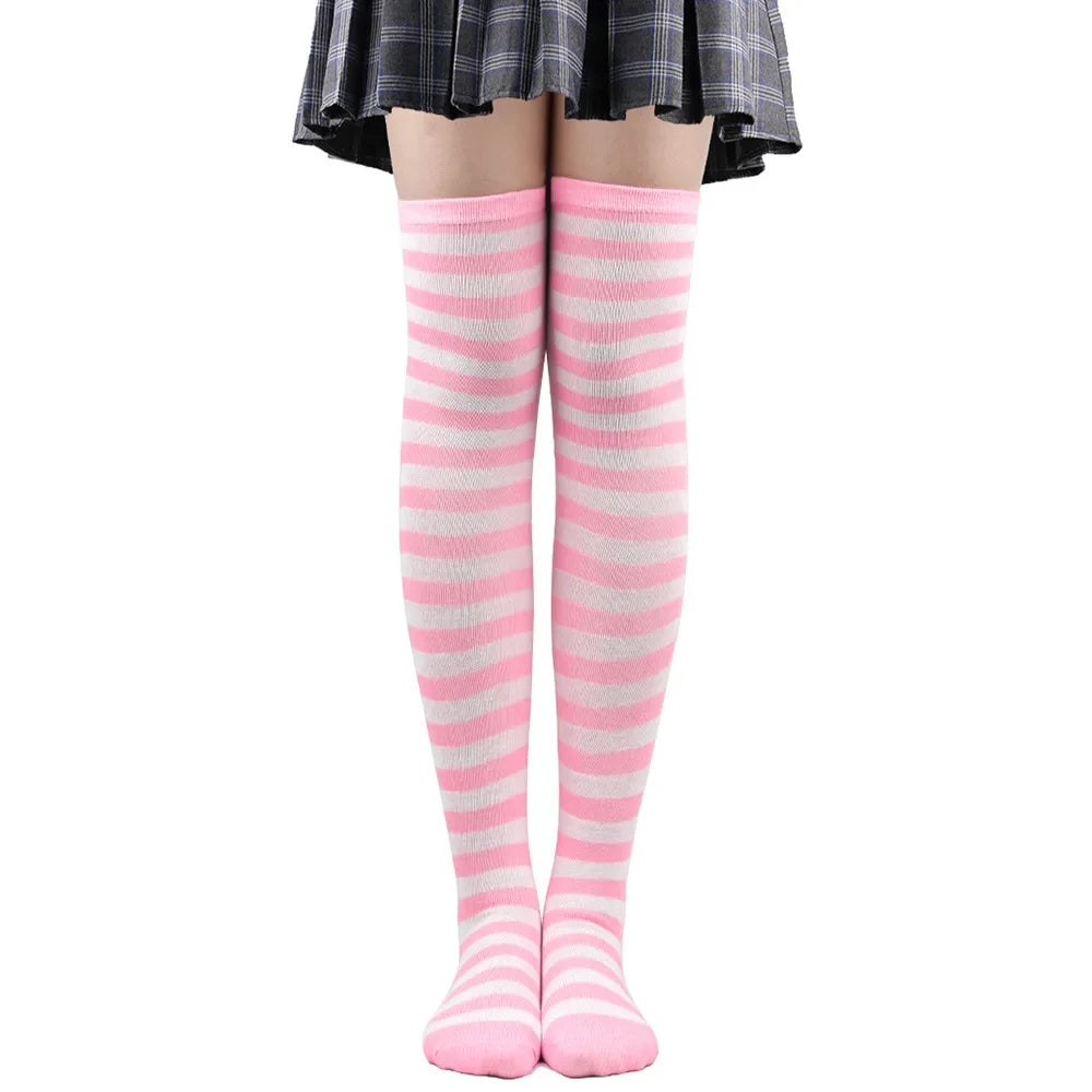 Thigh High Stockings Womens Striped Ladies Girls Black White pink Long Over Above Knee