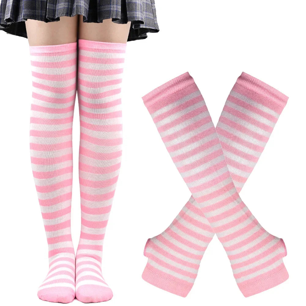 Women Striped Stocking Arm Sleeve Gloves mittens