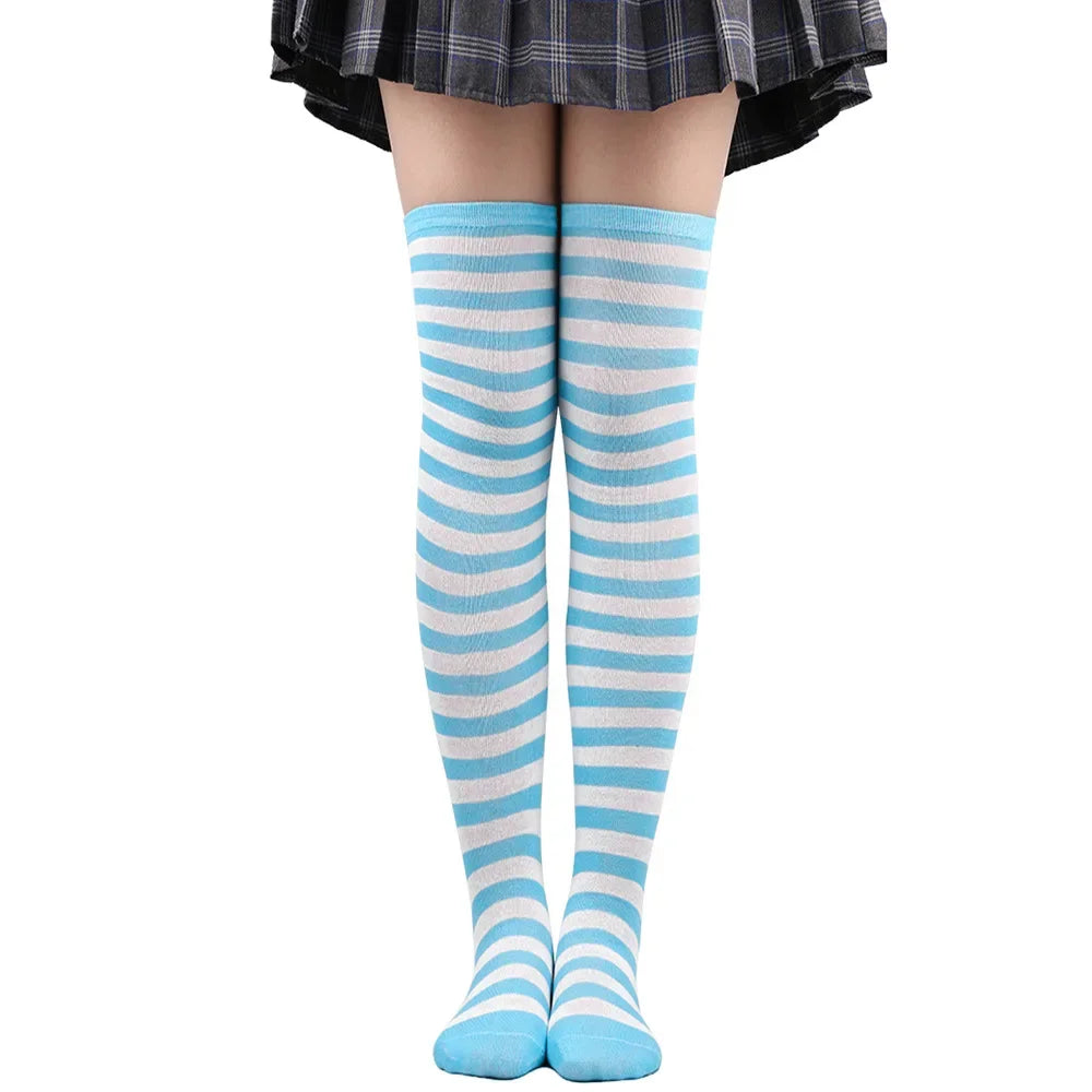 Thigh High Stockings Womens Striped Ladies Girls Black White pink Long Over Above Knee