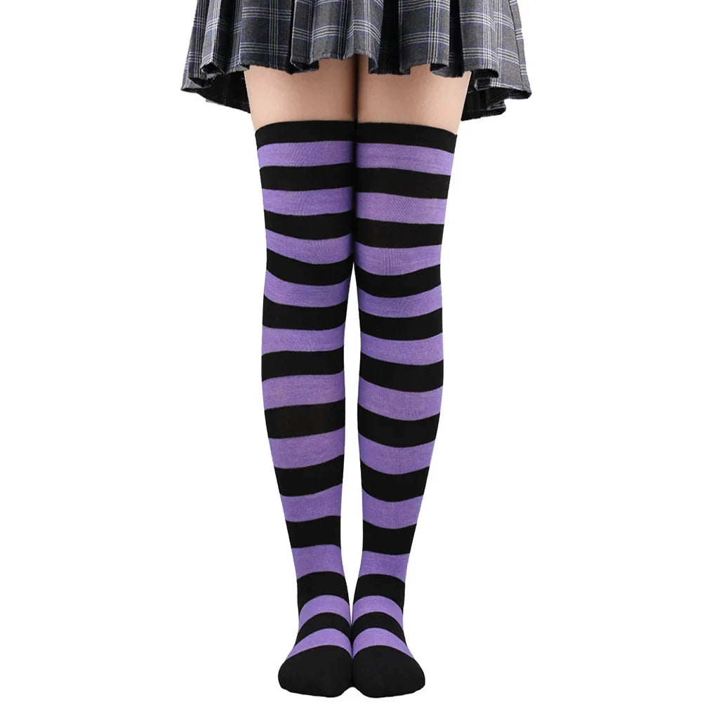 Thigh High Stockings Womens Striped Ladies Girls Black White pink Long Over Above Knee