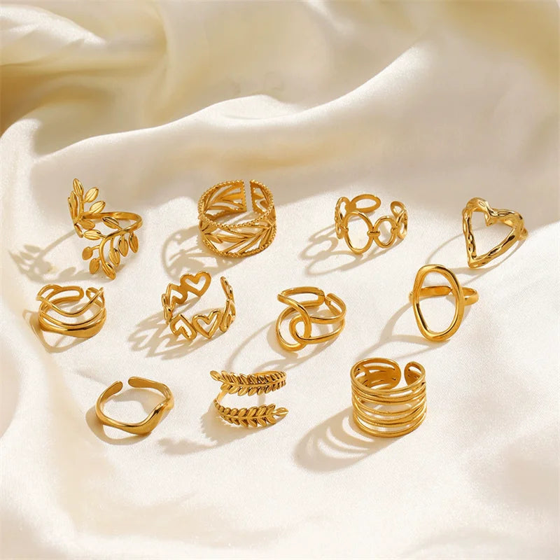 EILIECK 316L Stainless Steel Gold Color Leaves Heart Ring for Women Fashion Statement Waterproof Finger Ring Jewelry Accessories