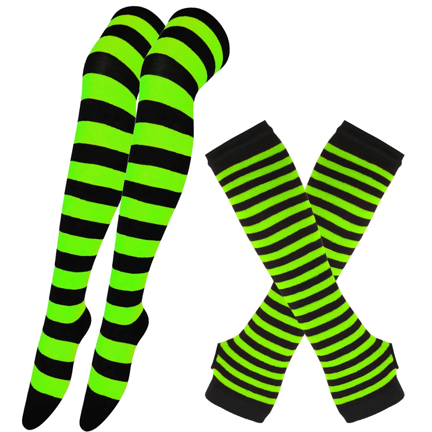 Women Striped Stocking Arm Sleeve Gloves mittens