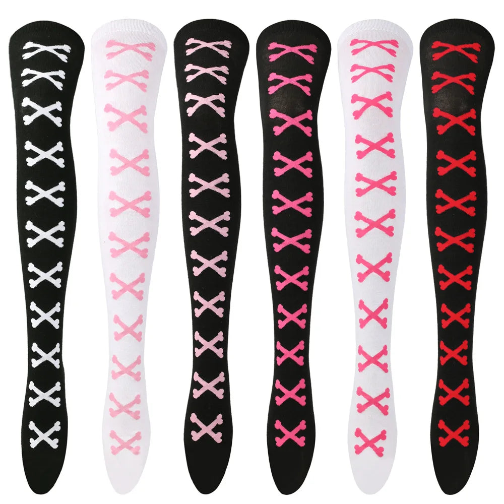 Womens Bone Thigh High Stockings Ladies Halloween Girls Black White Pink Long Over Above Knee Socks Tall Funny Cosplay Harajuku