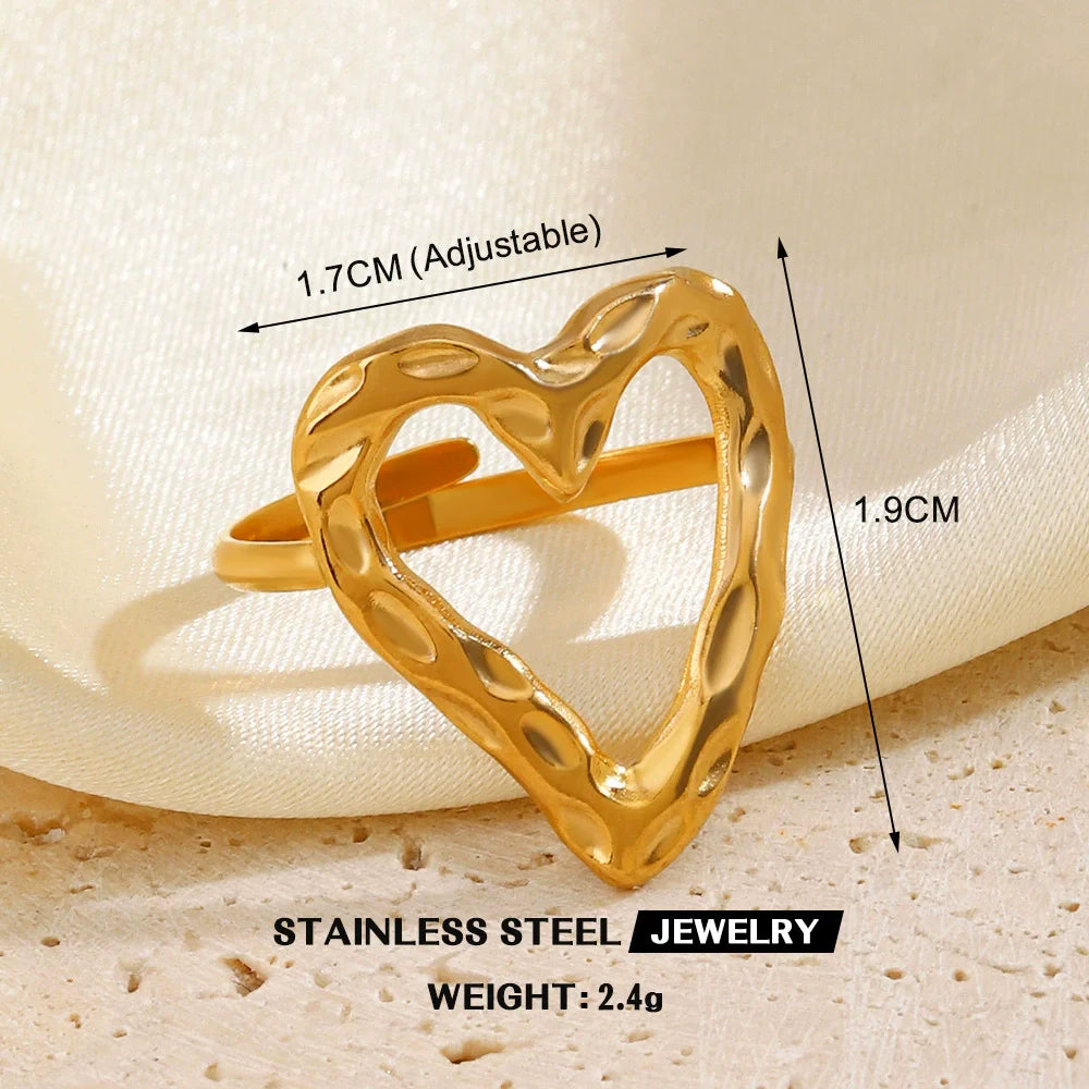 EILIECK 316L Stainless Steel Gold Color Leaves Heart Ring for Women Fashion Statement Waterproof Finger Ring Jewelry Accessories