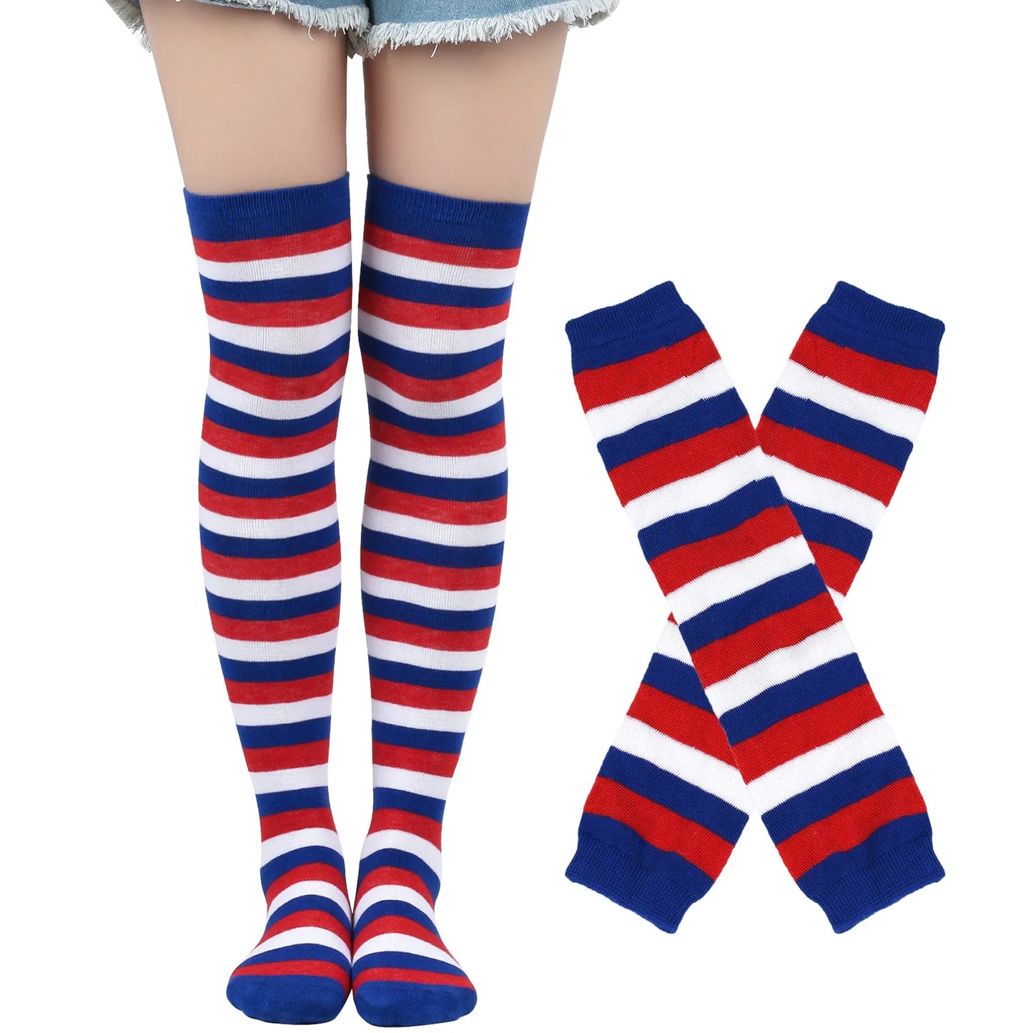 Women Striped Stocking Arm Sleeve Gloves mittens