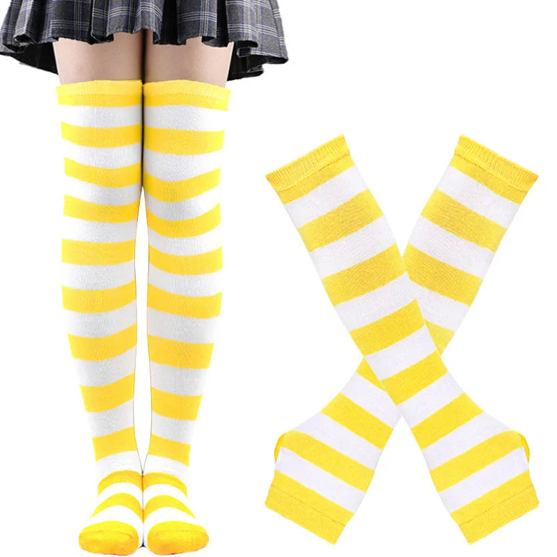 Women Striped Stocking Arm Sleeve Gloves mittens