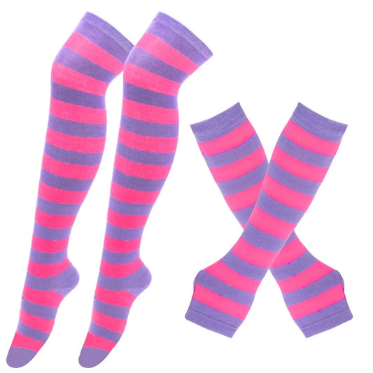 Women Striped Stocking Arm Sleeve Gloves mittens