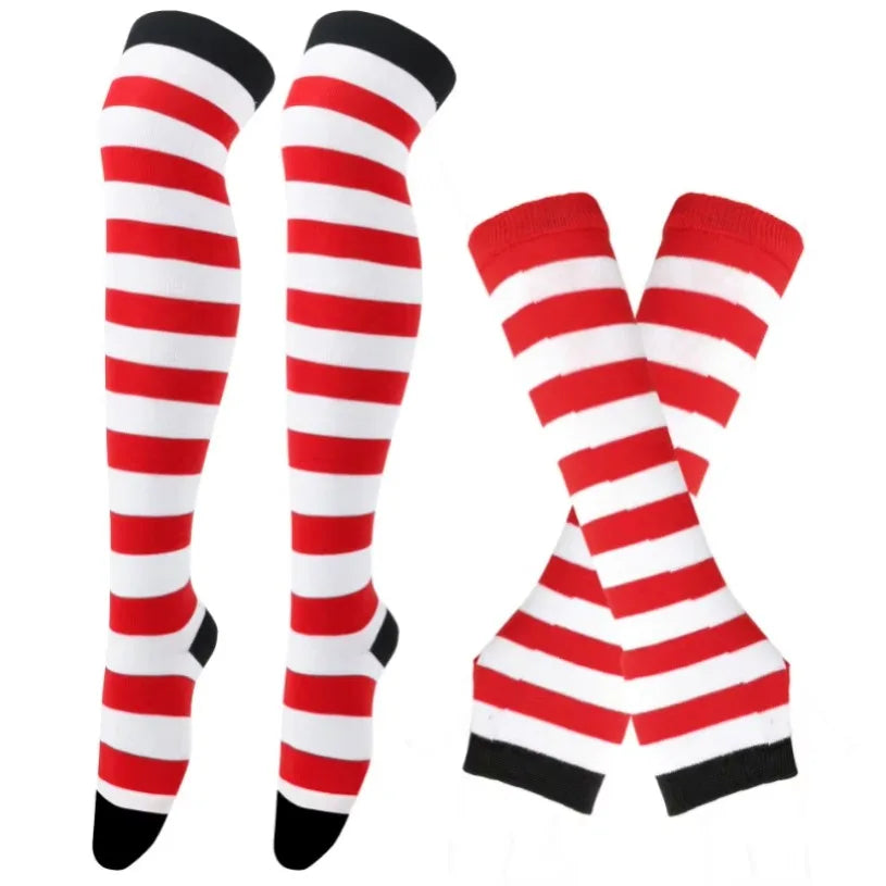 Women Striped Stocking Arm Sleeve Gloves mittens