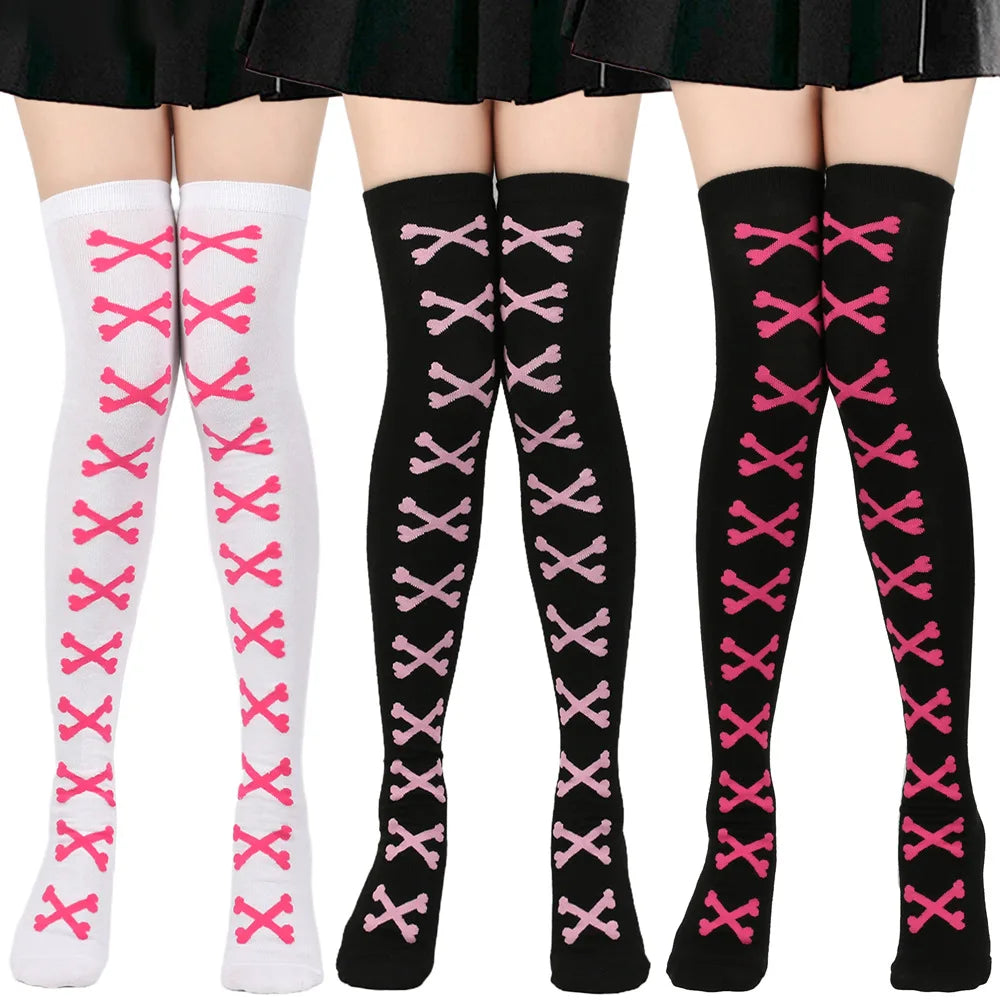 Womens Bone Thigh High Stockings Ladies Halloween Girls Black White Pink Long Over Above Knee Socks Tall Funny Cosplay Harajuku