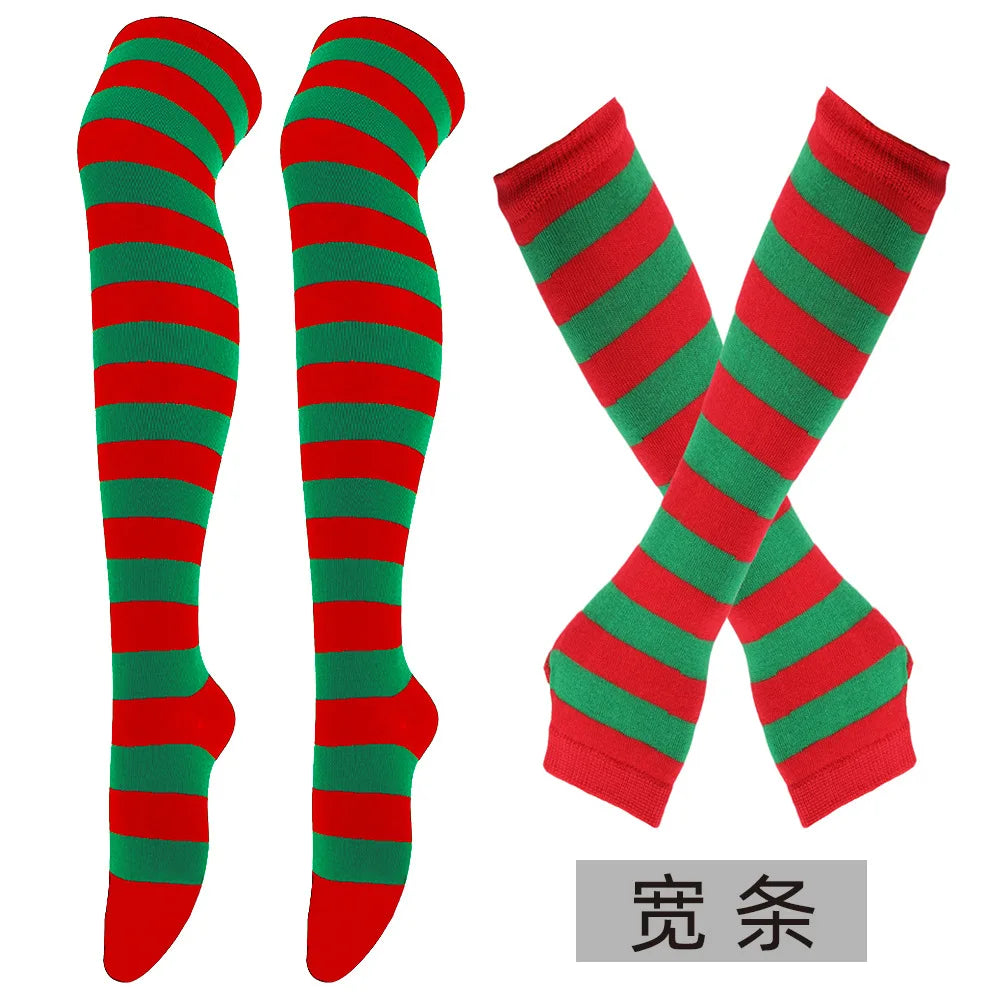 Women Striped Stocking Arm Sleeve Gloves mittens