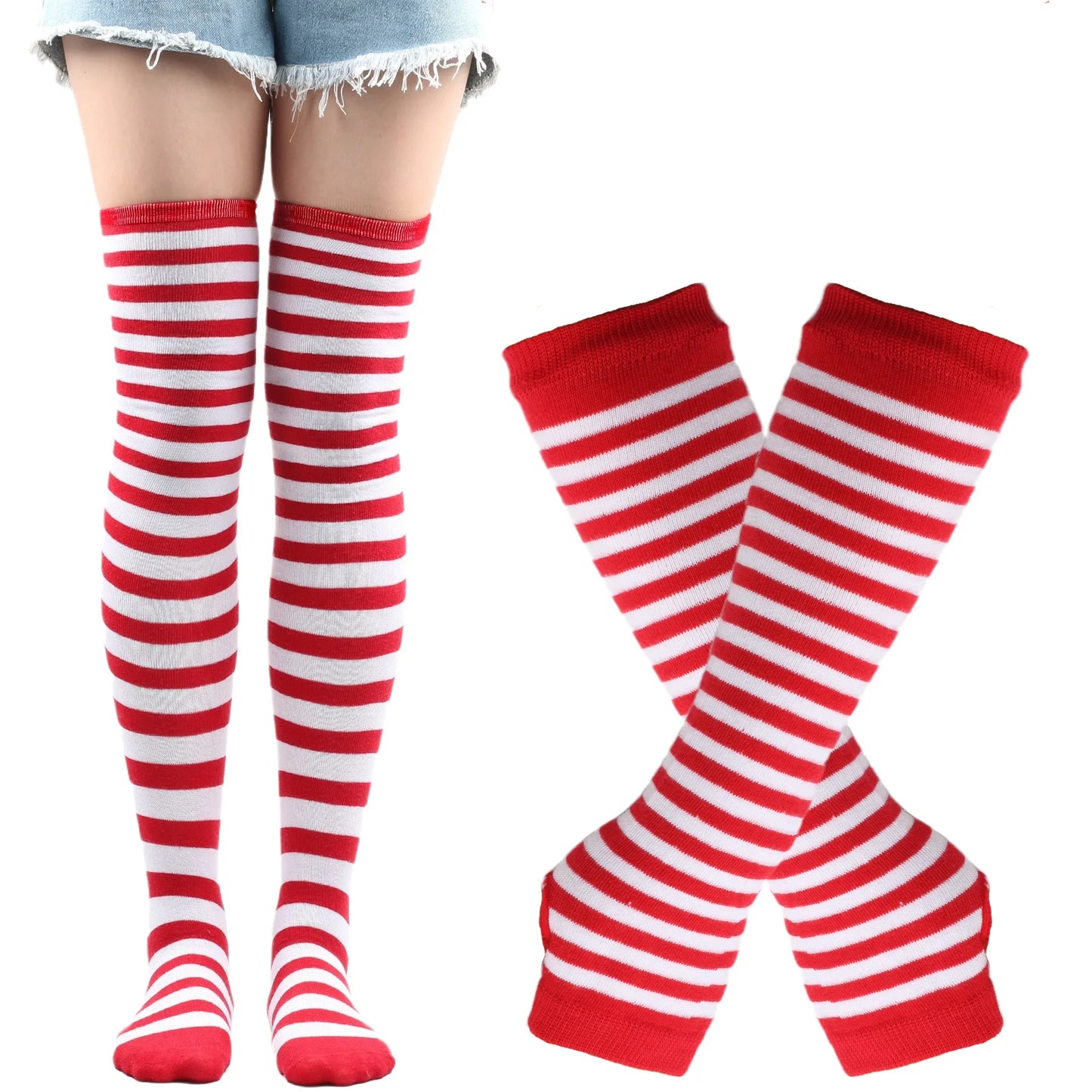 Women Striped Stocking Arm Sleeve Gloves mittens