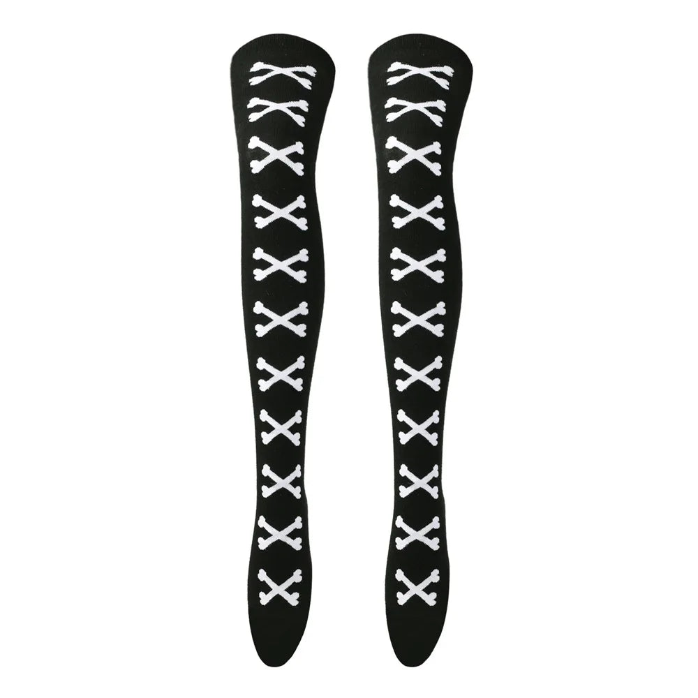 Womens Bone Thigh High Stockings Ladies Halloween Girls Black White Pink Long Over Above Knee Socks Tall Funny Cosplay Harajuku