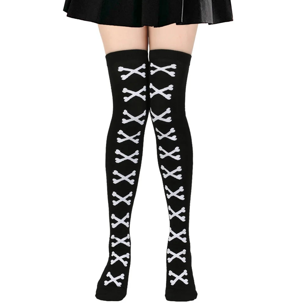 Womens Bone Thigh High Stockings Ladies Halloween Girls Black White Pink Long Over Above Knee Socks Tall Funny Cosplay Harajuku