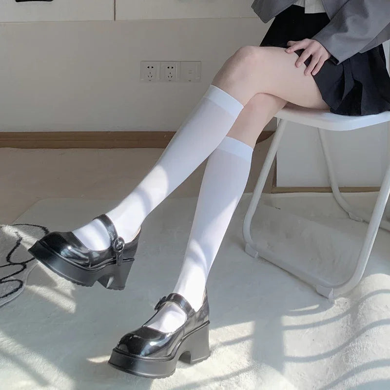 Solid Color Black White Long Socks Women Stockings JK Girls