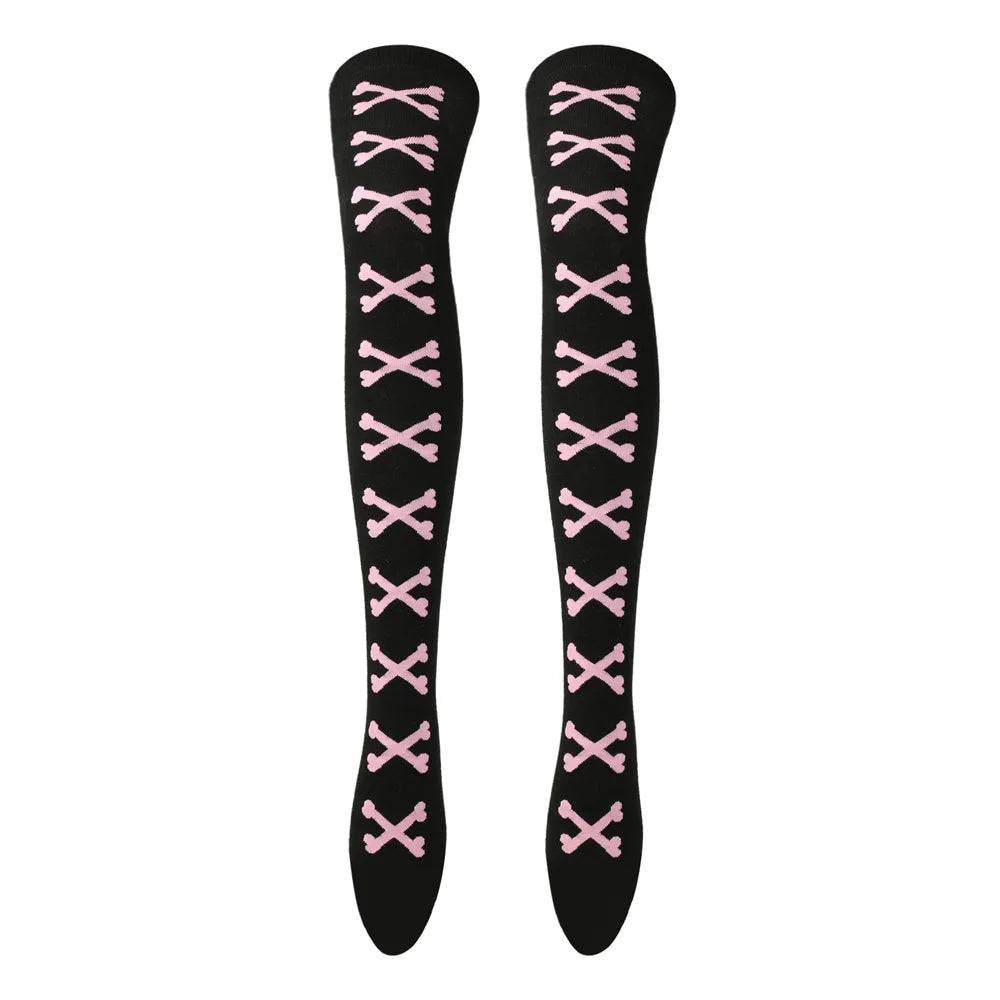 Womens Bone Thigh High Stockings Ladies Halloween Girls Black White Pink Long Over Above Knee Socks Tall Funny Cosplay Harajuku