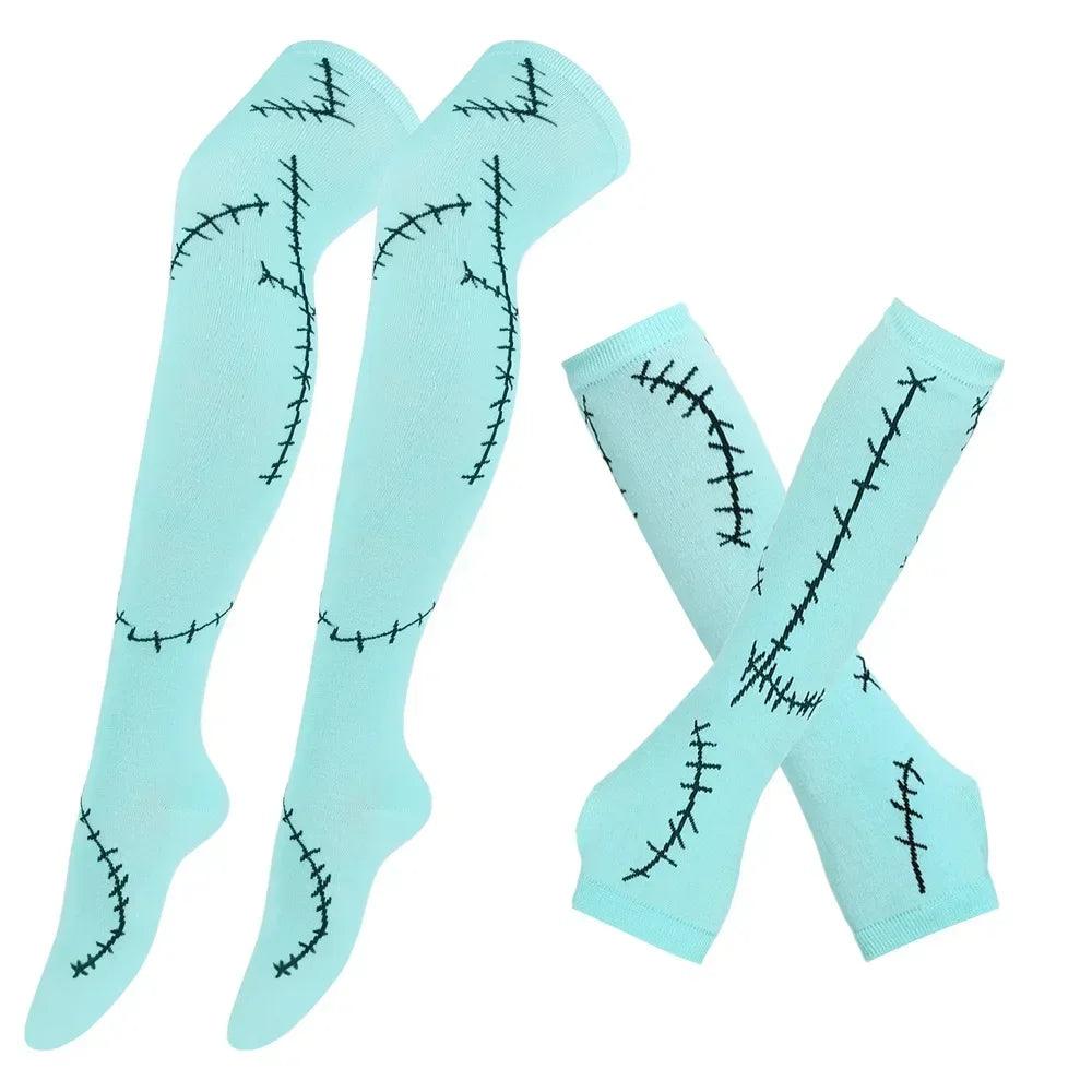 Women Striped Stocking Arm Sleeve Gloves mittens