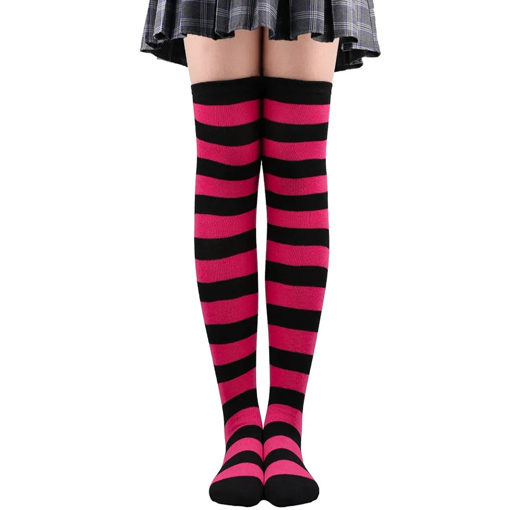 Thigh High Stockings Womens Striped Ladies Girls Black White pink Long Over Above Knee