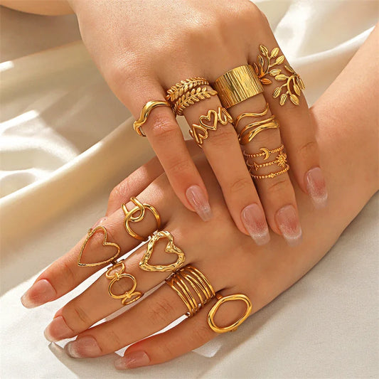 EILIECK 316L Stainless Steel Gold Color Leaves Heart Ring for Women Fashion Statement Waterproof Finger Ring Jewelry Accessories
