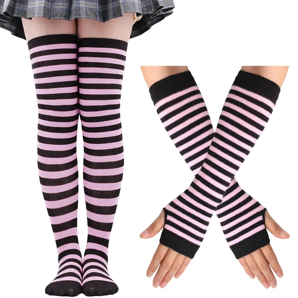 Women Striped Stocking Arm Sleeve Gloves mittens