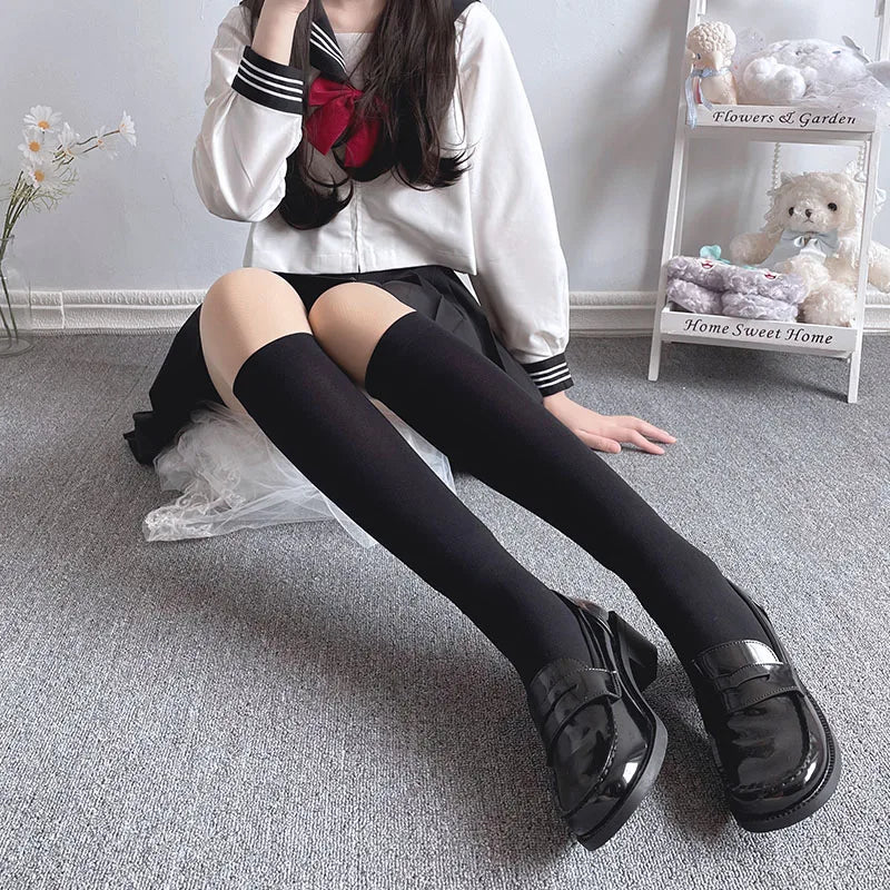 Solid Color Black White Long Socks Women Stockings JK Girls