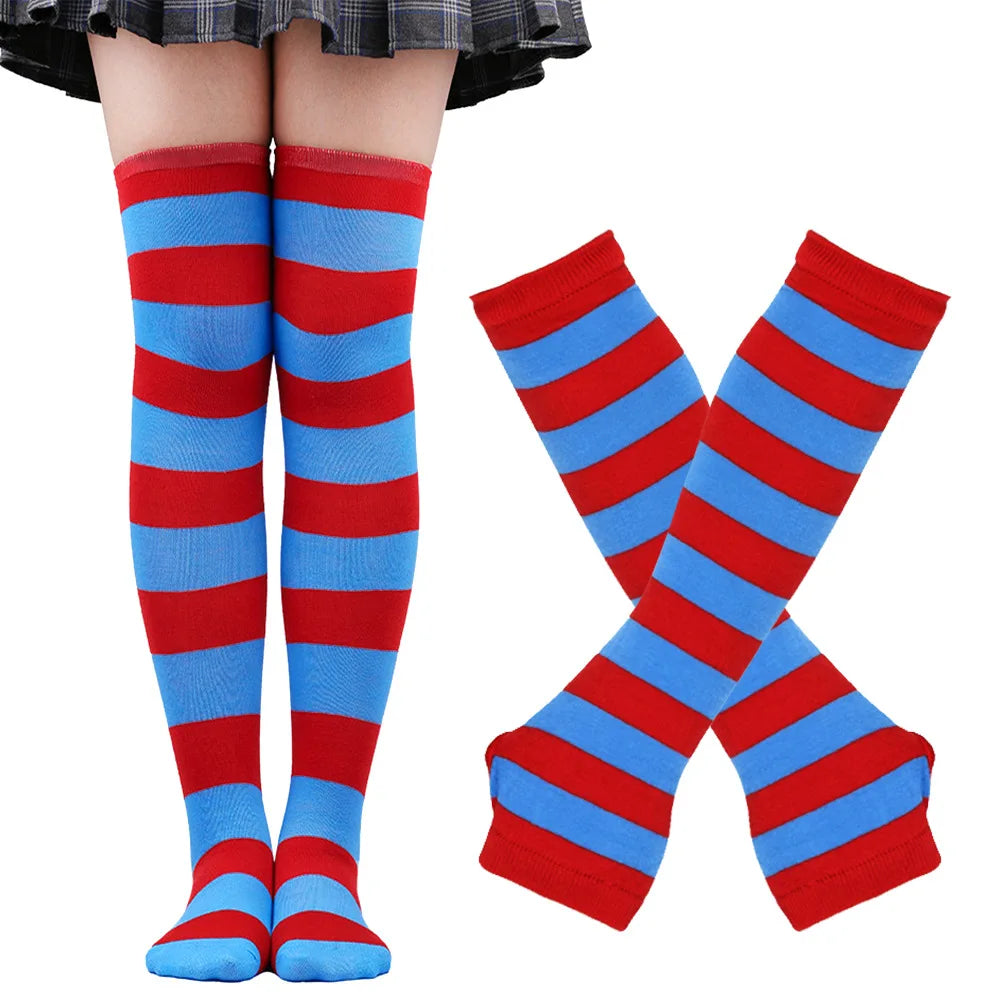 Women Striped Stocking Arm Sleeve Gloves mittens