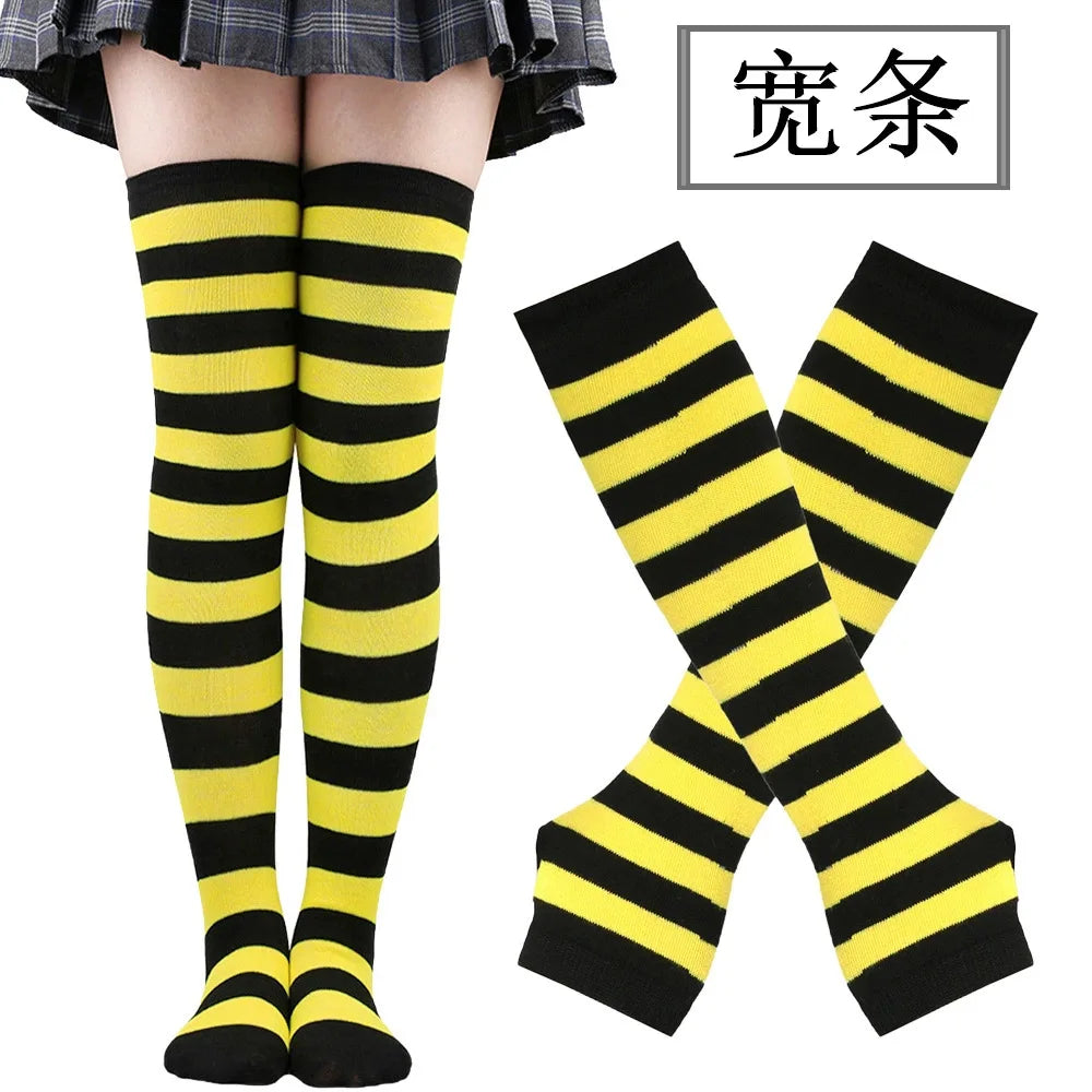 Women Striped Stocking Arm Sleeve Gloves mittens