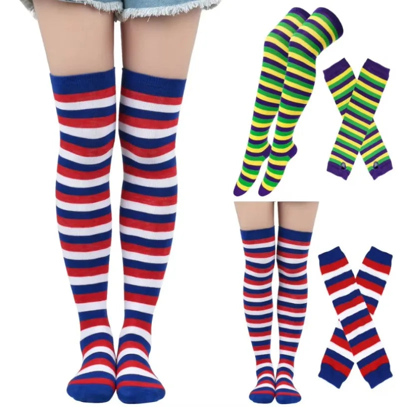 Women Striped Stocking Arm Sleeve Gloves mittens