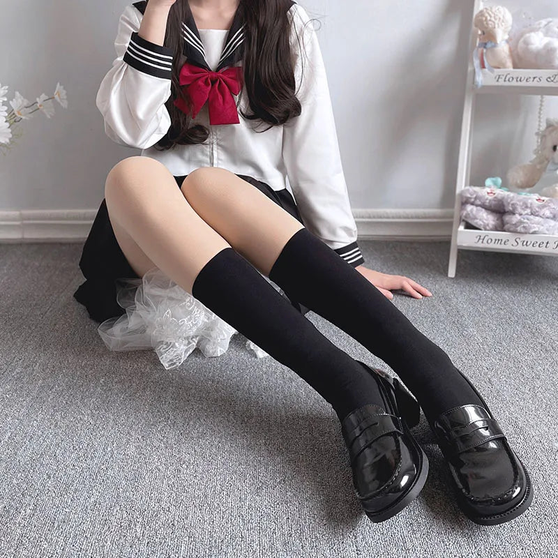 Solid Color Black White Long Socks Women Stockings JK Girls