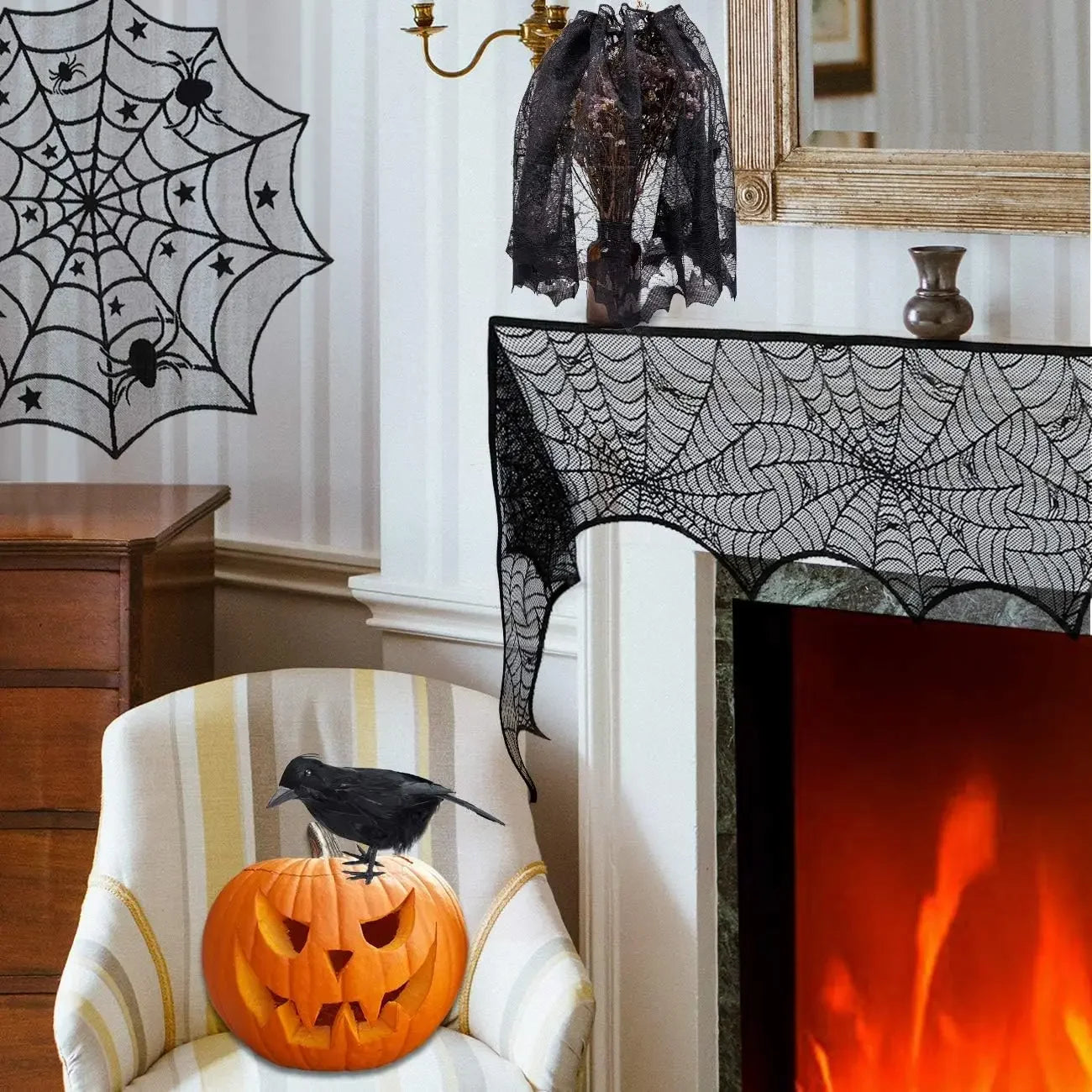 Halloween Tablecloth Bat Spider Web Black Lace Tablecloth
