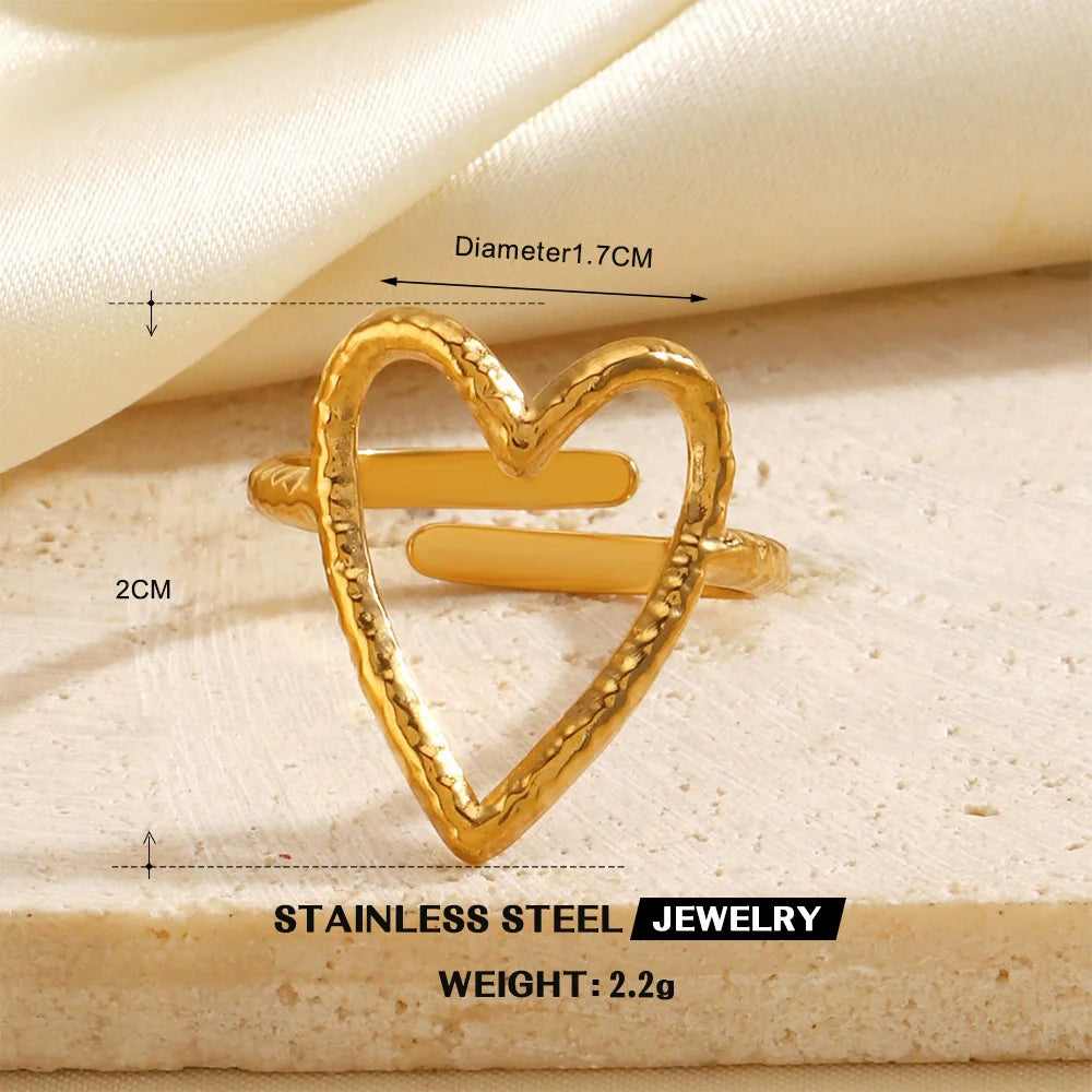 EILIECK 316L Stainless Steel Gold Color Leaves Heart Ring for Women Fashion Statement Waterproof Finger Ring Jewelry Accessories
